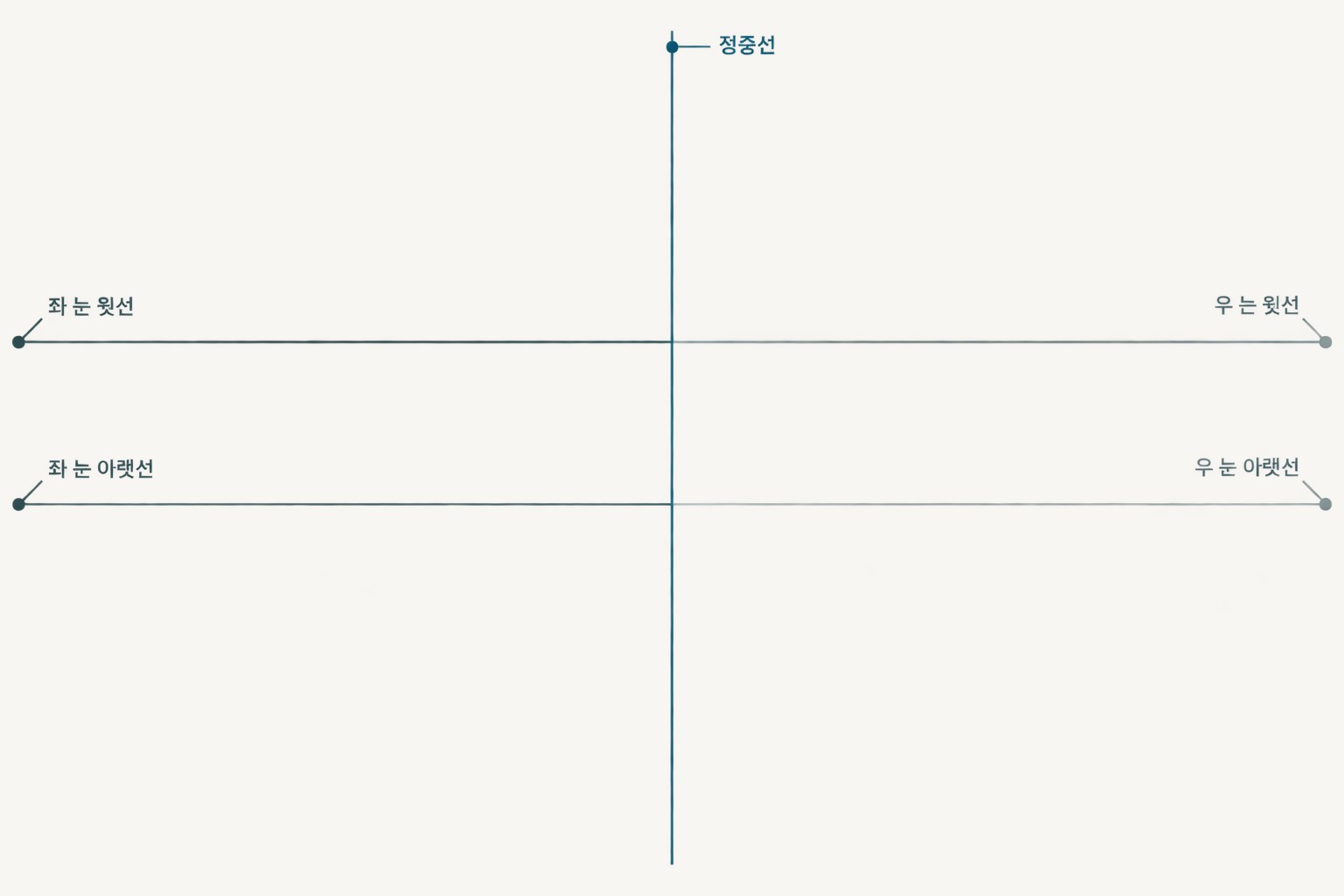 좌우 눈의 윗선·아랫선 4개와 정중선을 표시해 전후 사진 위에 얹는 오버레이 도해