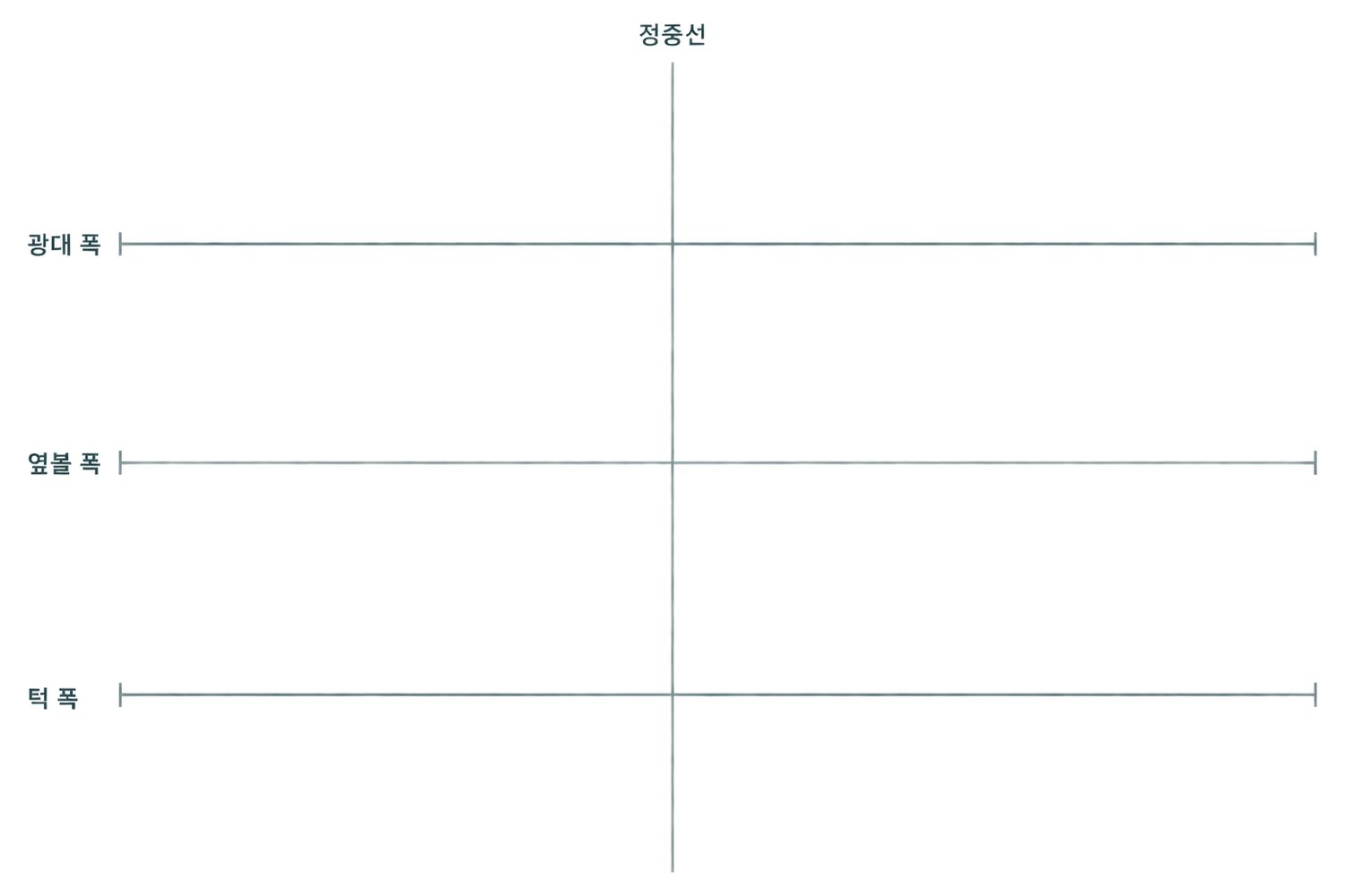 전후 사진 위에 얹는 광대 폭·옆볼 폭·턱 폭 세 가로 기준선과 세로 정중선을 표시한 오버레이 도해