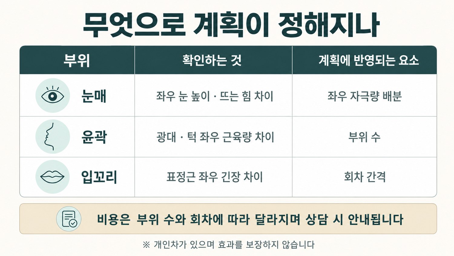 눈매·윤곽·입꼬리 부위별로 확인하는 항목과 계획에 반영되는 요소를 정리한 표 도해