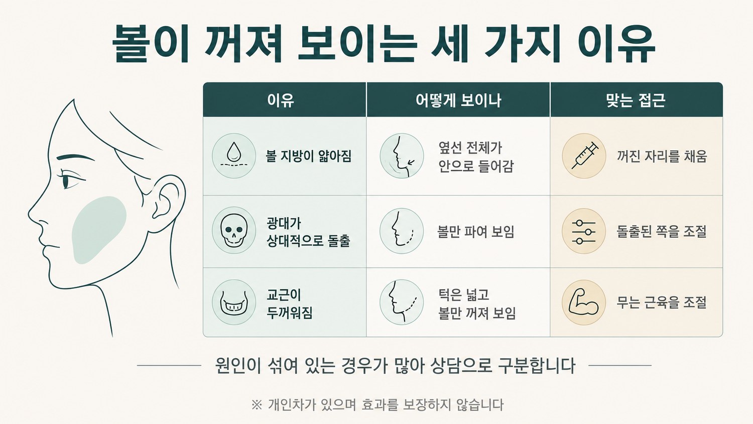 볼이 꺼져 보이는 세 가지 이유와 각각에 맞는 접근 방향을 나란히 비교한 도해
