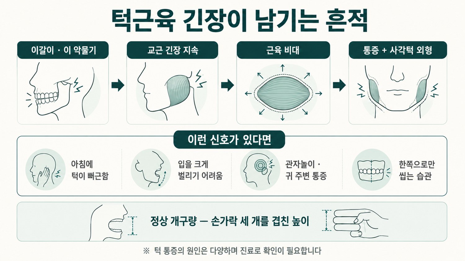 이갈이에서 교근 긴장 지속·근육 비대를 거쳐 통증과 사각턱 외형으로 이어지는 인과와 자가 확인 신호를 정리한 도해