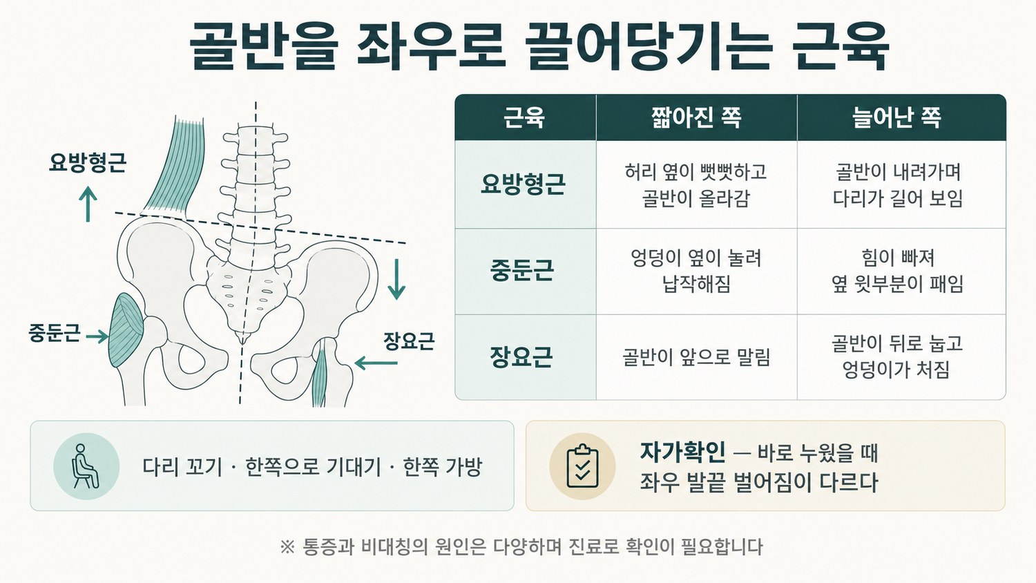 요방형근·중둔근·장요근이 골반이 올라간 쪽과 내려간 쪽에서 각각 짧아지고 늘어나는 양상을 3열 표로 비교하고 관련 습관 목록과 자가확인 항목을 함께 표시한 해부 도해