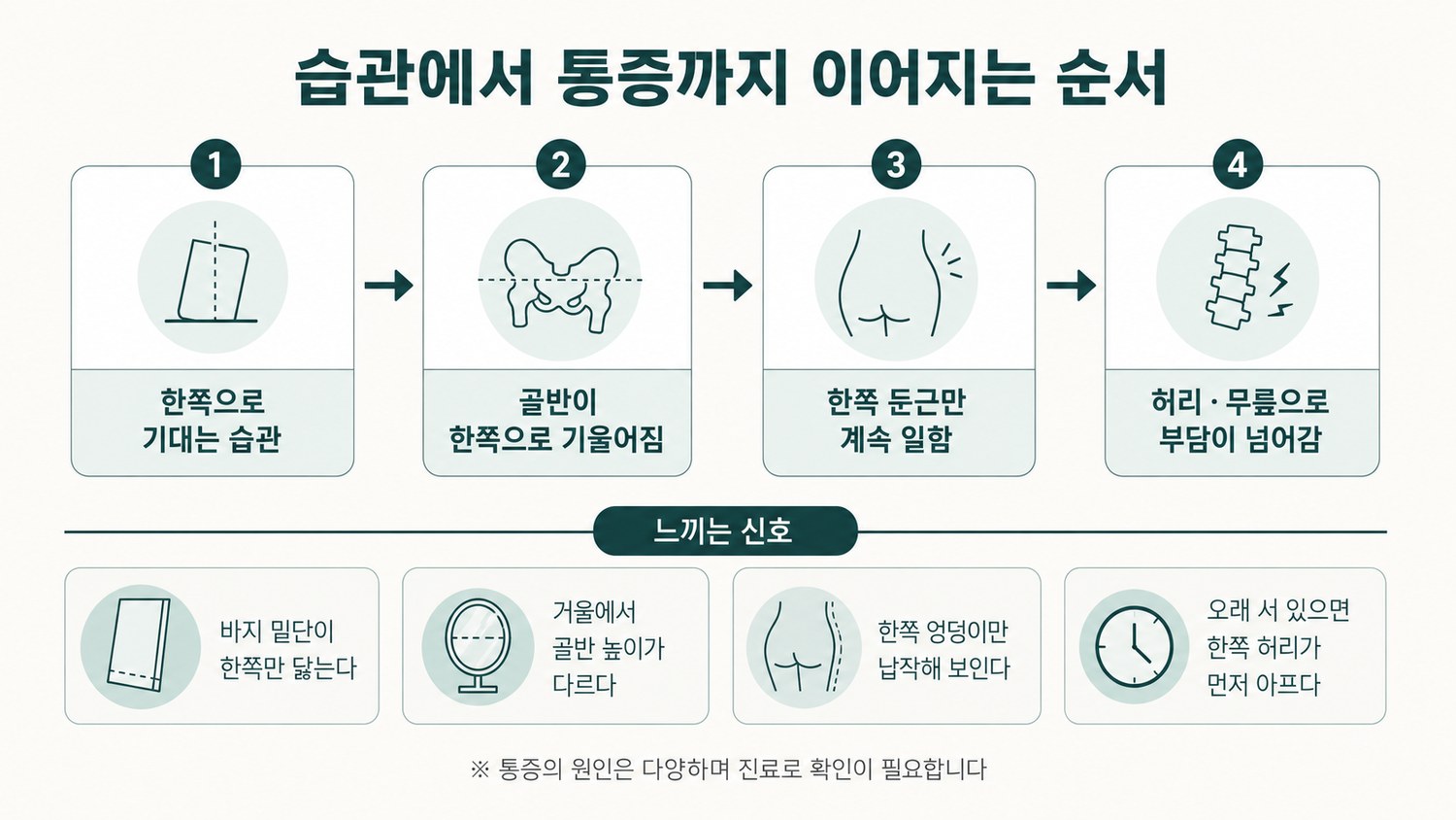 습관에서 골반 기울어짐, 한쪽 둔근만 일하는 상태, 허리와 무릎 부담으로 이어지는 4단계 흐름과 각 단계에서 나타나는 신호를 정리한 인과 도해