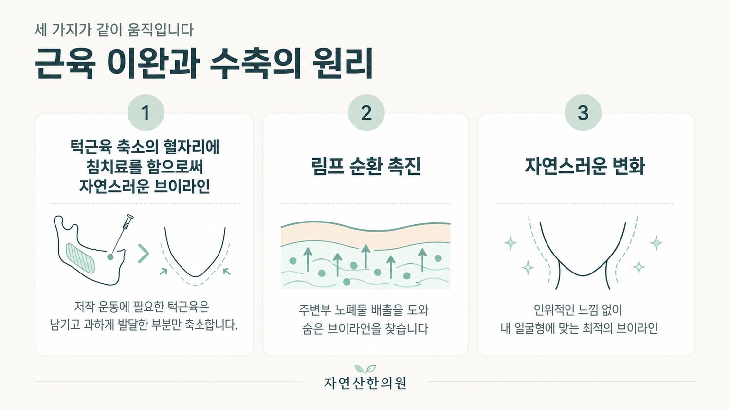 근육 이완과 수축, 림프 순환 촉진, 자연스러운 변화 세 가지 작용을 정리한 도해