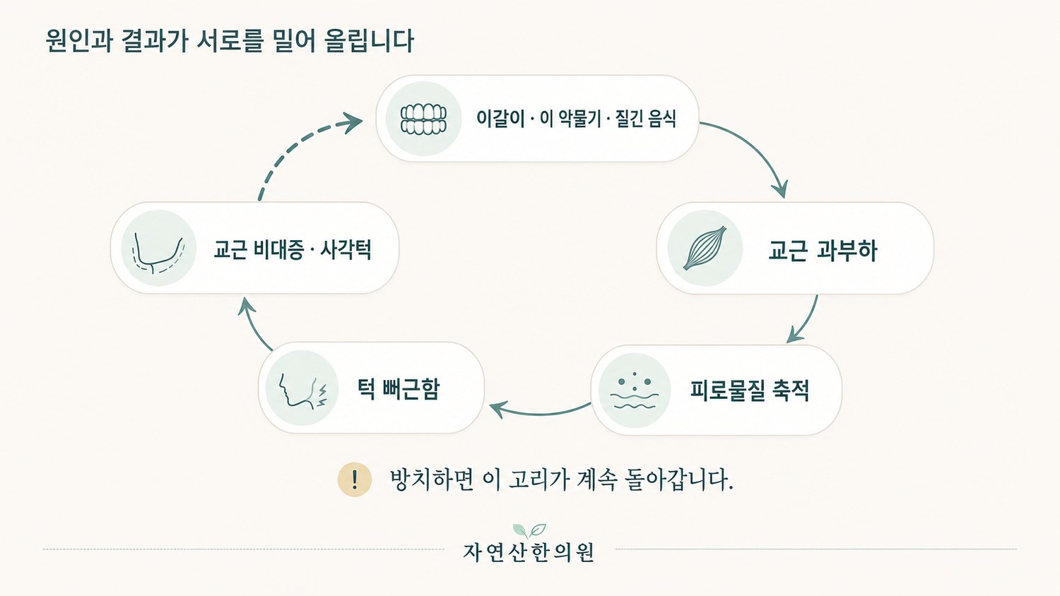 이갈이와 이 악물기가 교근 과부하와 피로물질 축적을 거쳐 뻐근함, 근육 비대, 사각턱으로 이어지고 다시 습관으로 돌아오는 악순환 도해