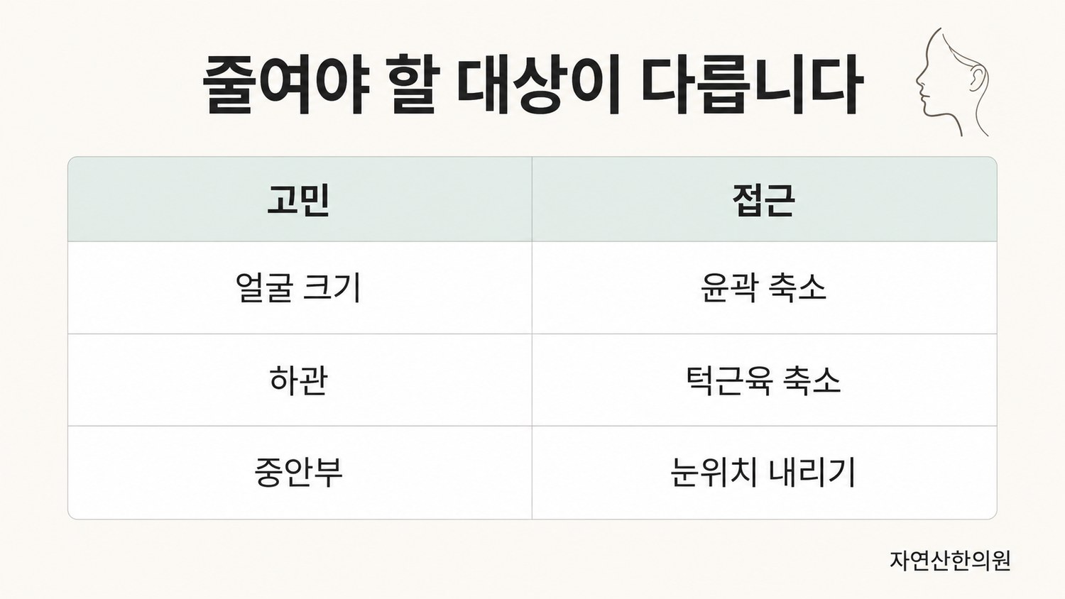 얼굴 크기·하관·중안부 세 가지 고민 유형과 각각의 접근을 화살표로 나눈 분기 도해
