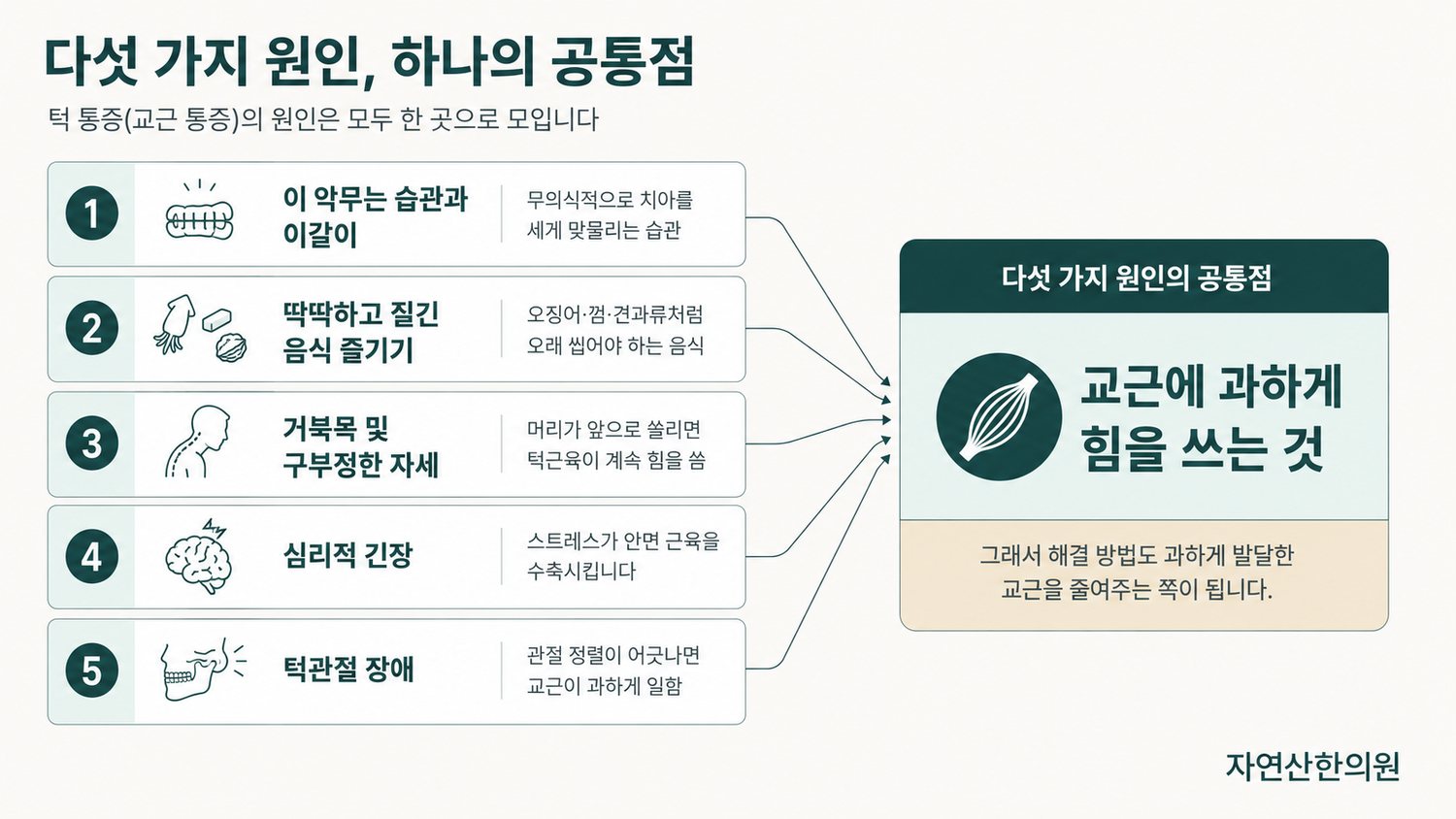 교근 통증의 다섯 가지 원인이 모두 교근 과사용으로 수렴하는 구조 도해