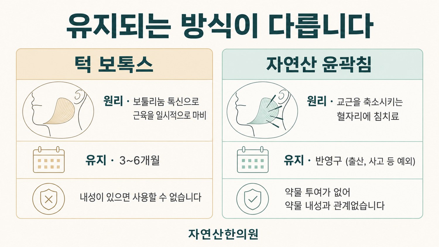 턱 보톡스의 마비 방식과 자연산 윤곽침의 축소 방식을 유지기간과 함께 비교한 도해