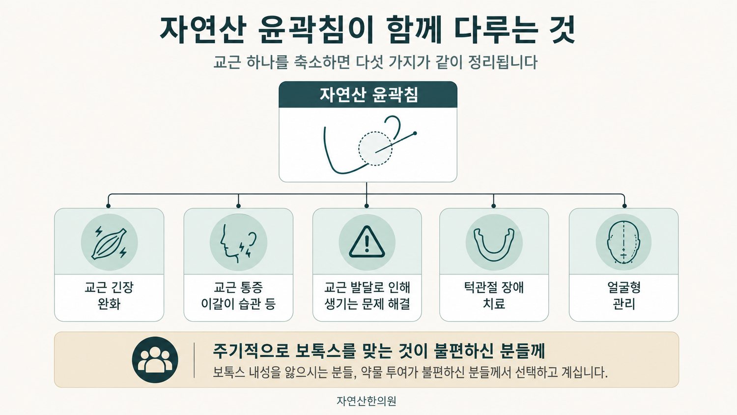 자연산 윤곽침이 교근 긴장 완화, 교근 통증 완화, 이갈이 습관 등 문제 해결, 턱관절 장애 치료, 얼굴형 관리 다섯 가지로 이어지는 도해